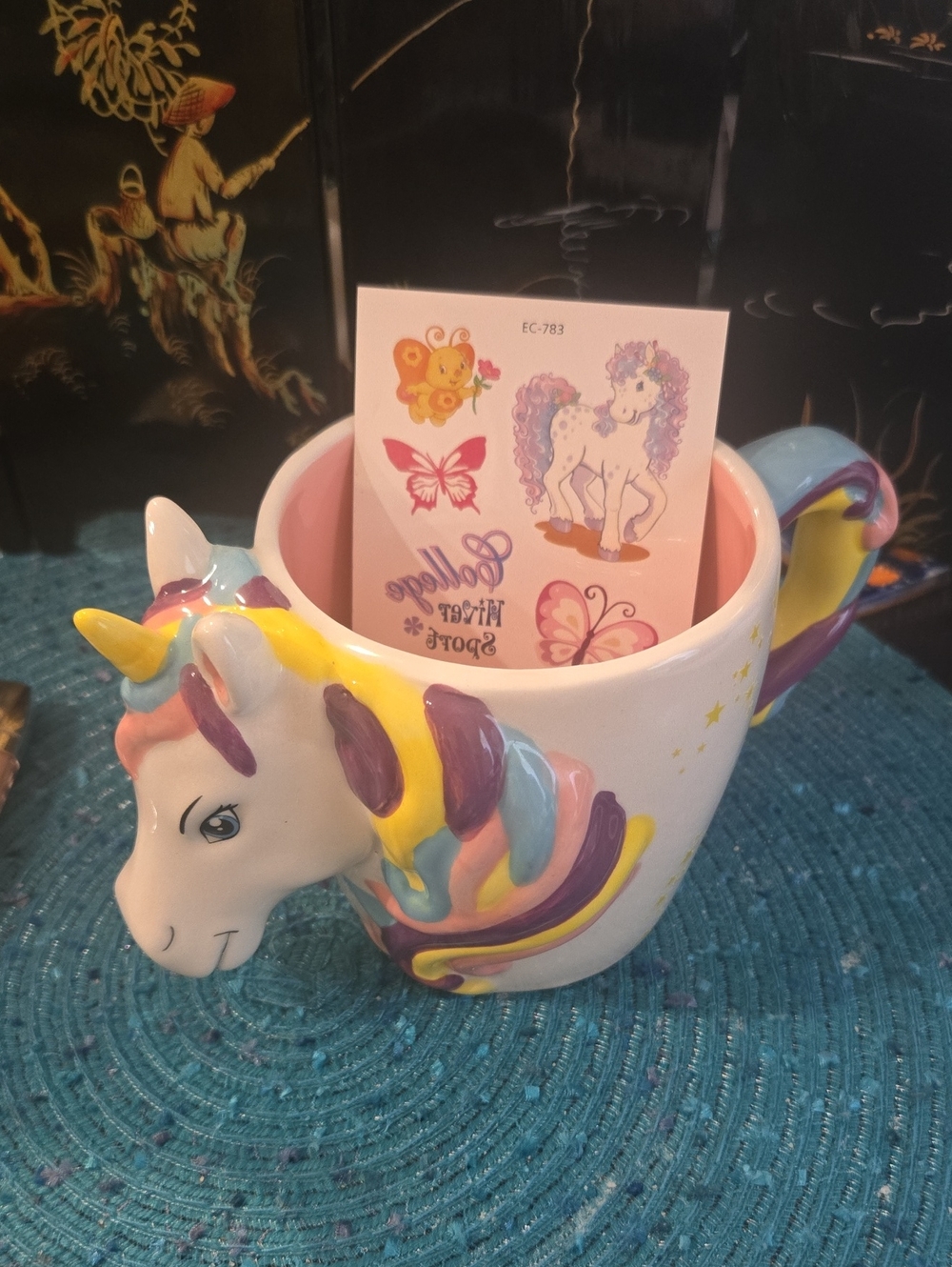 Unbranded Pink Ceramic Unicorn Mug with Multicolor Mane